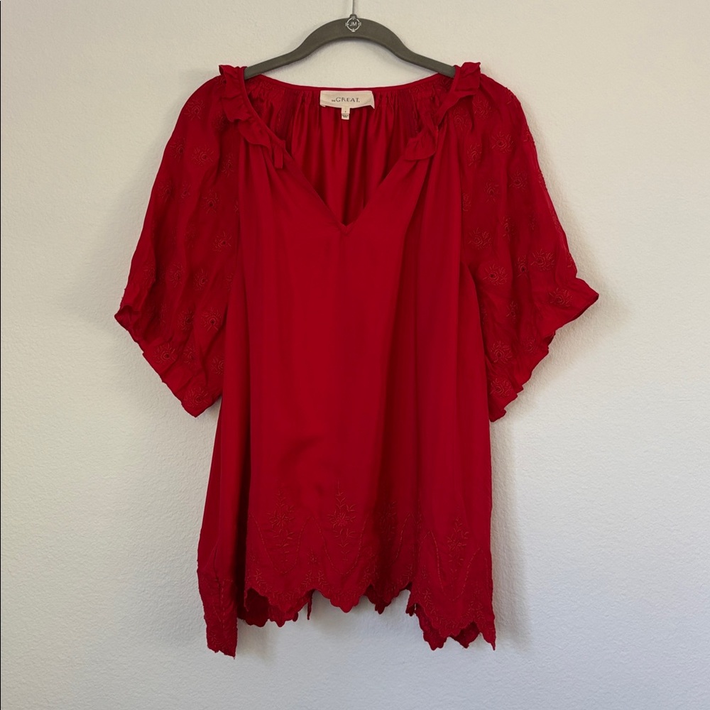 THE GREAT. Vibrant Red Silk Embroidered Floral Design Peasant Short Sleeve Top - Picture 1 of 12